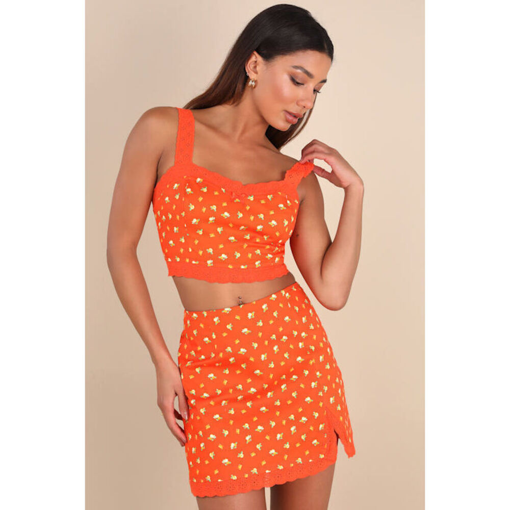 Lulus Emanita Red Orange Ditsy Floral Two-piece Bodycon Mini Dress - Size L